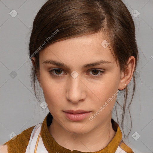 Neutral white young-adult female with medium  brown hair and brown eyes