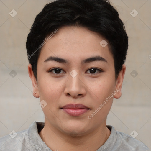 Joyful asian young-adult female with short  black hair and brown eyes