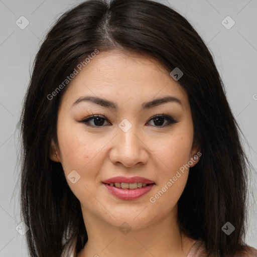 Joyful asian young-adult female with long  brown hair and brown eyes