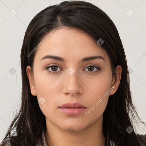 Neutral white young-adult female with long  brown hair and brown eyes