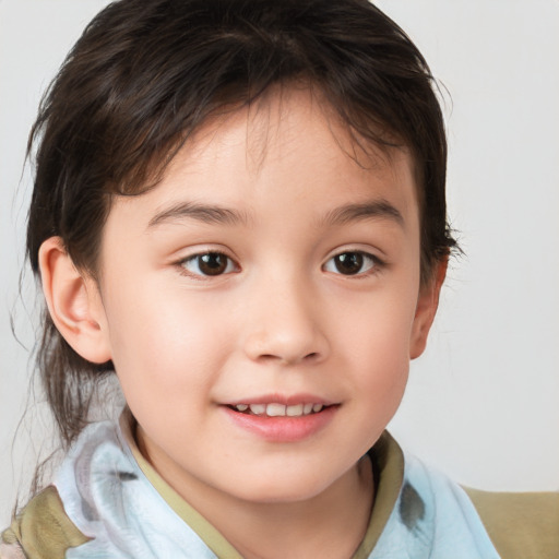 Joyful white child female with short  brown hair and brown eyes