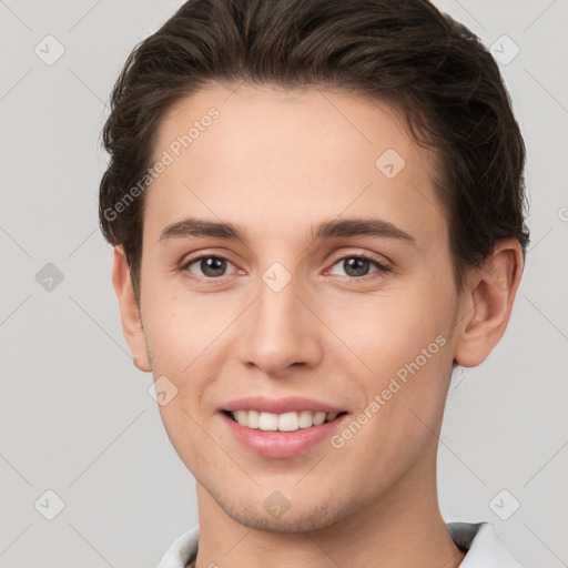 Joyful white young-adult female with short  brown hair and brown eyes