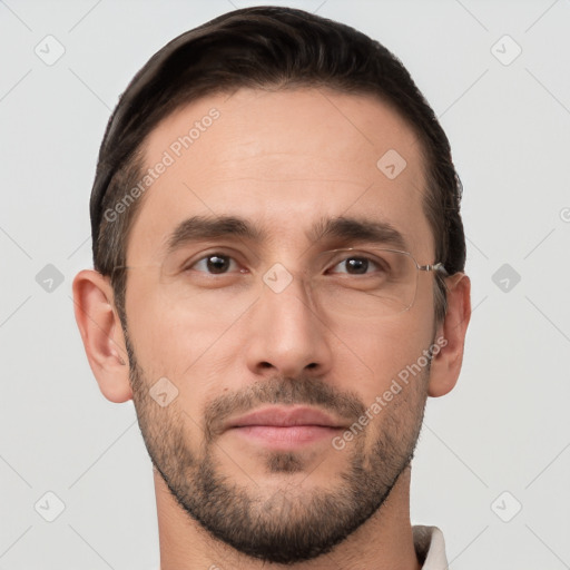 Joyful white young-adult male with short  brown hair and brown eyes