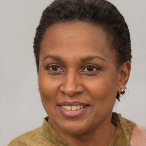 Joyful latino adult female with short  brown hair and brown eyes