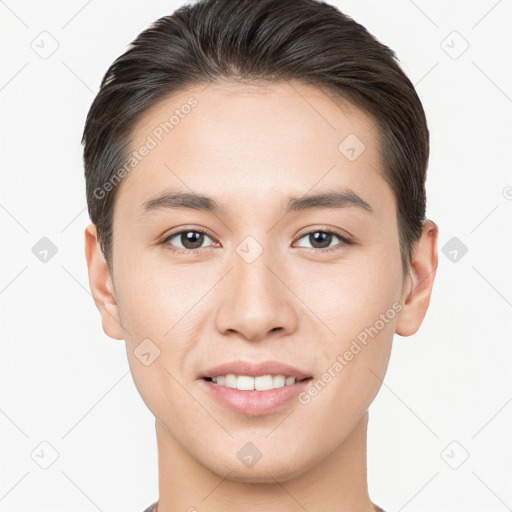 Joyful white young-adult female with short  brown hair and brown eyes