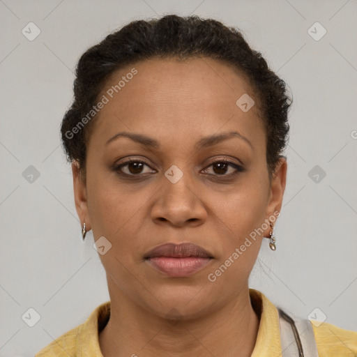 Joyful latino adult female with short  brown hair and brown eyes