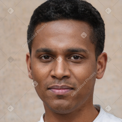 Neutral black young-adult male with short  black hair and brown eyes