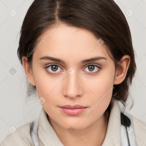 Neutral white young-adult female with medium  brown hair and brown eyes