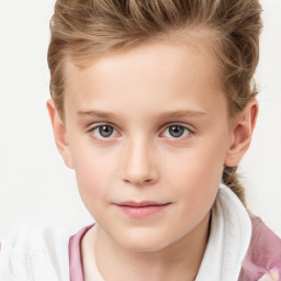 Joyful white child female with short  brown hair and grey eyes