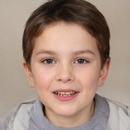 Joyful white child female with short  brown hair and brown eyes