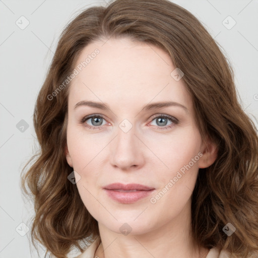 Joyful white young-adult female with long  brown hair and green eyes