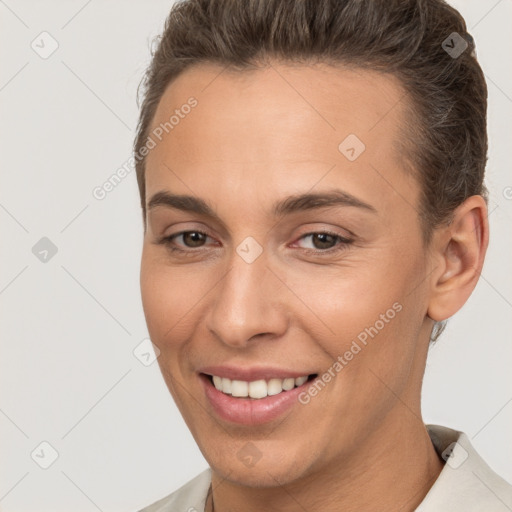 Joyful white young-adult female with short  brown hair and brown eyes