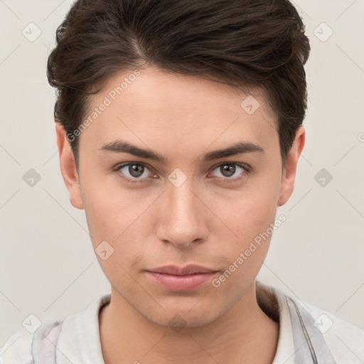 Neutral white young-adult male with short  brown hair and brown eyes