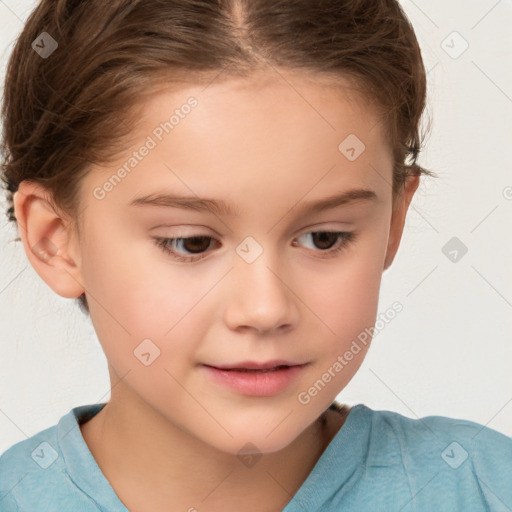 Joyful white child female with short  brown hair and brown eyes