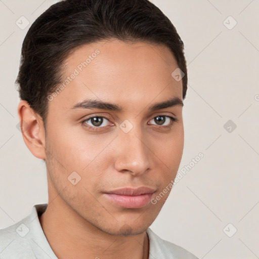 Neutral white young-adult male with short  brown hair and brown eyes