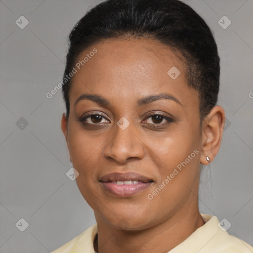 Joyful latino young-adult female with short  brown hair and brown eyes