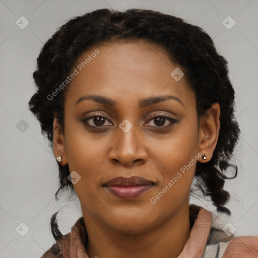 Joyful black young-adult female with long  brown hair and brown eyes