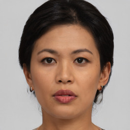 Neutral asian young-adult female with short  black hair and brown eyes