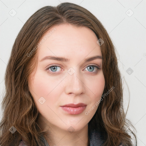 Neutral white young-adult female with long  brown hair and green eyes