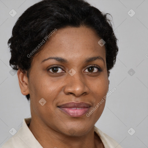 Joyful latino adult female with short  brown hair and brown eyes