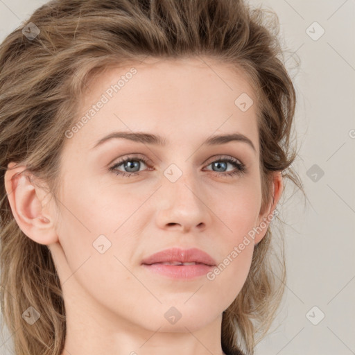 Neutral white young-adult female with medium  brown hair and grey eyes