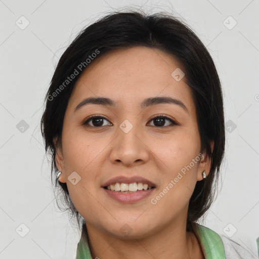 Joyful asian young-adult female with medium  brown hair and brown eyes