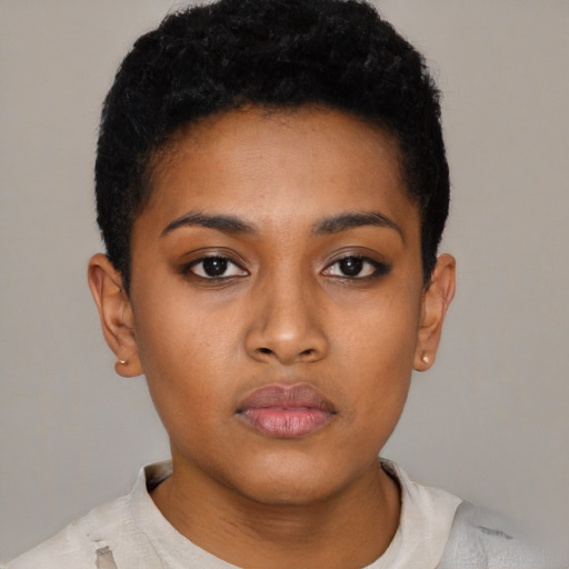 Neutral black young-adult female with short  brown hair and brown eyes