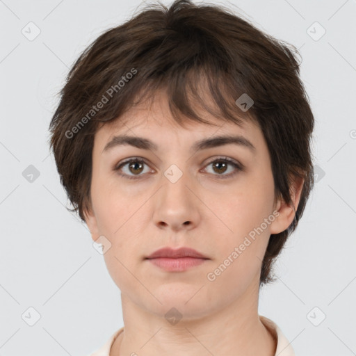 Neutral white young-adult female with short  brown hair and brown eyes