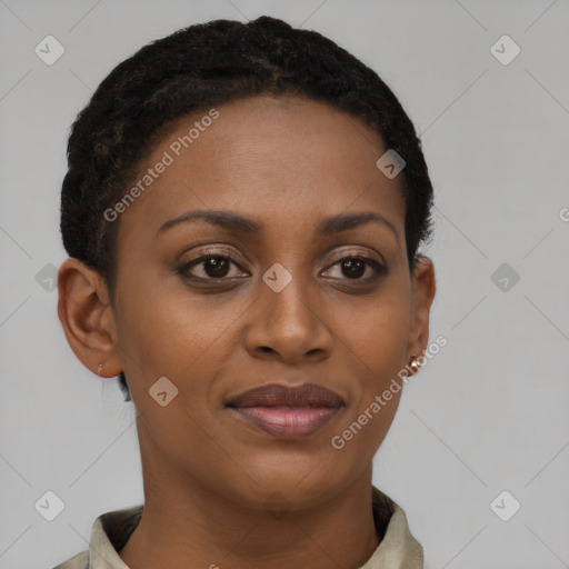 Joyful black young-adult female with short  brown hair and brown eyes