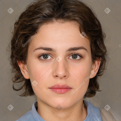 Neutral white young-adult female with medium  brown hair and brown eyes