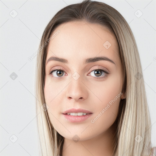 Neutral white young-adult female with long  brown hair and blue eyes