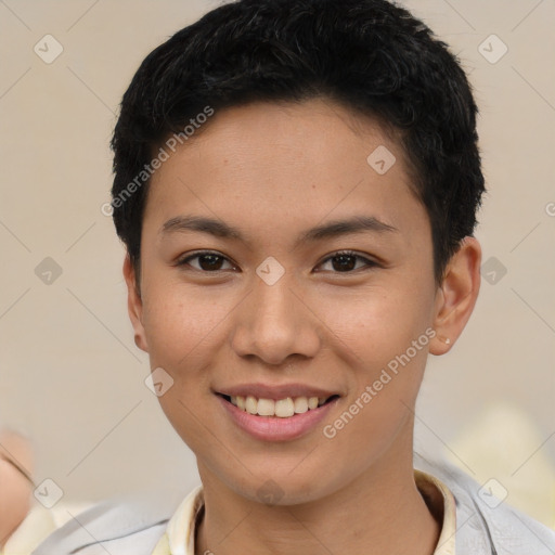 Joyful latino young-adult female with short  brown hair and brown eyes