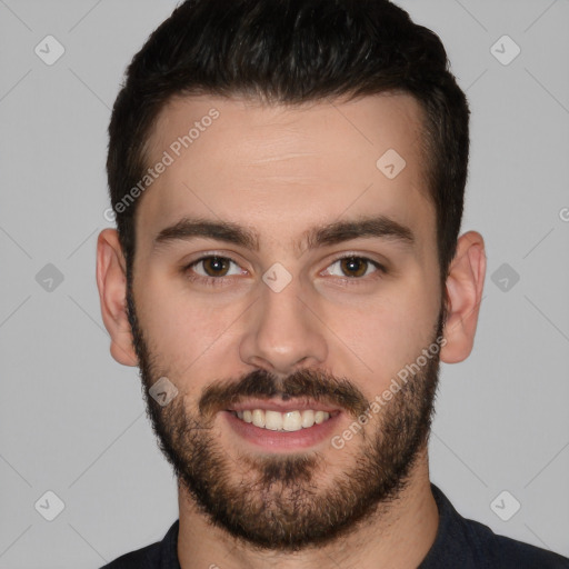 Joyful white young-adult male with short  brown hair and brown eyes