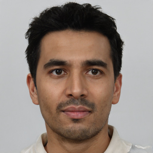Neutral latino young-adult male with short  black hair and brown eyes