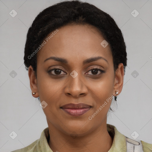 Joyful latino young-adult female with short  black hair and brown eyes