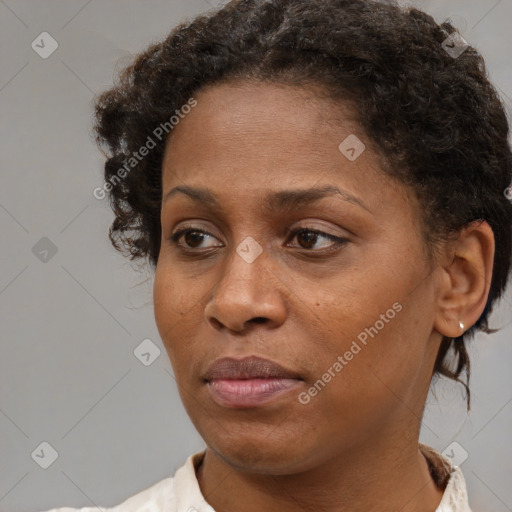 Neutral black young-adult female with short  brown hair and brown eyes