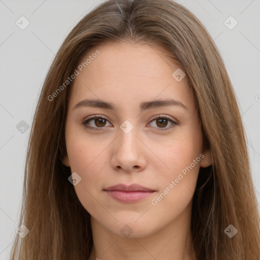 Neutral white young-adult female with long  brown hair and brown eyes