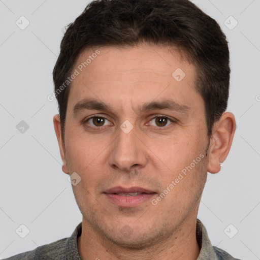 Neutral white adult male with short  brown hair and brown eyes