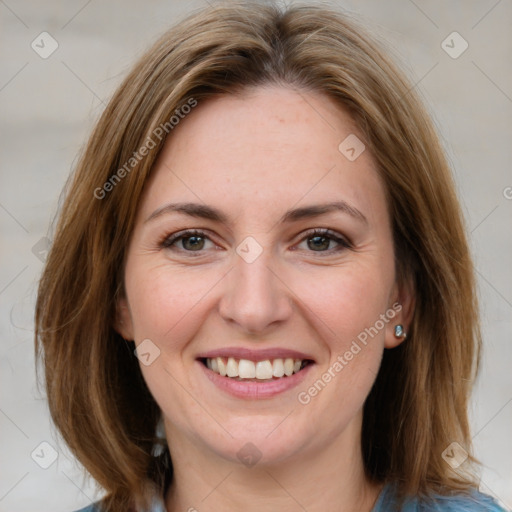 Joyful white young-adult female with medium  brown hair and green eyes