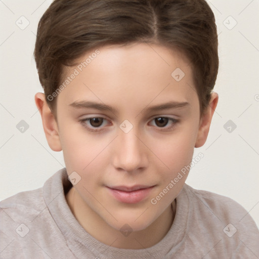 Joyful white child female with short  brown hair and brown eyes