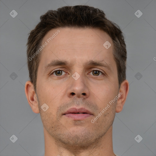 Neutral white adult male with short  brown hair and brown eyes