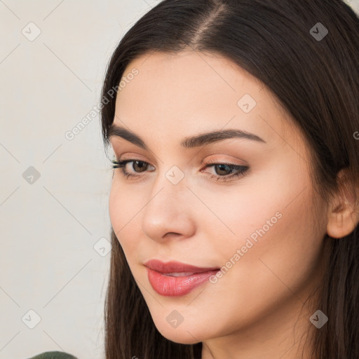 Neutral white young-adult female with long  brown hair and brown eyes