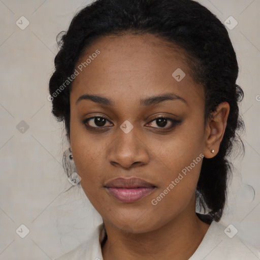 Joyful black young-adult female with medium  black hair and brown eyes