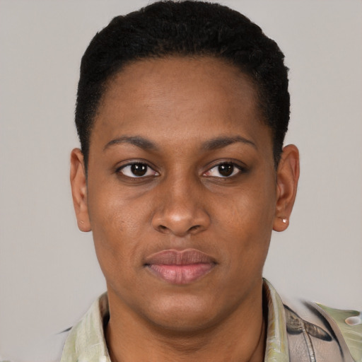 Joyful black young-adult female with short  black hair and brown eyes