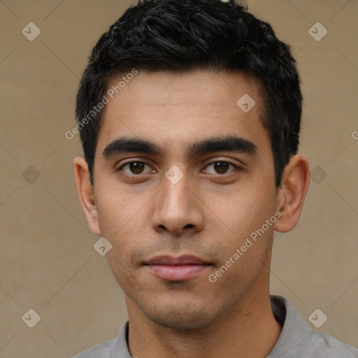 Neutral asian young-adult male with short  black hair and brown eyes