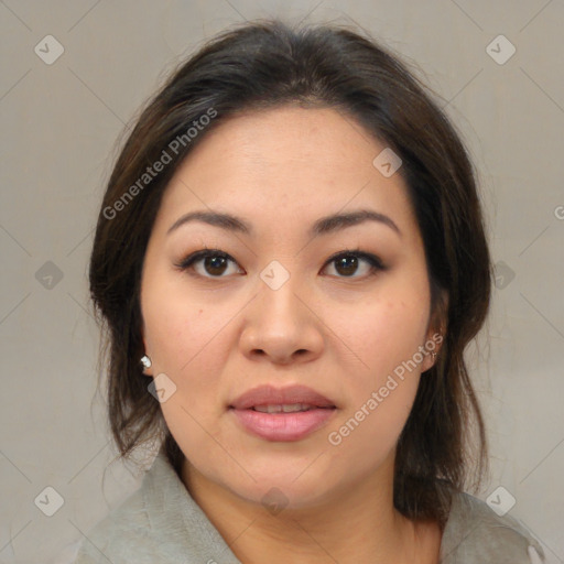 Joyful white young-adult female with medium  brown hair and brown eyes