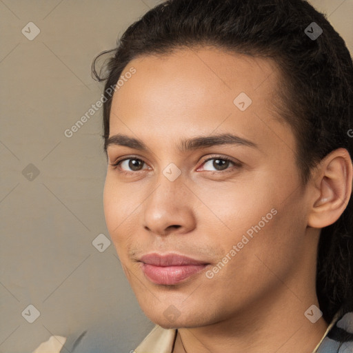 Joyful white young-adult male with medium  brown hair and brown eyes