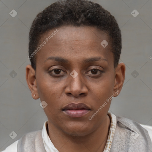 Neutral black young-adult female with short  brown hair and brown eyes