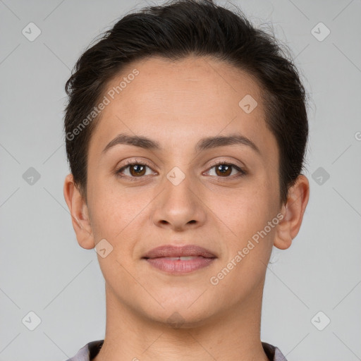 Joyful white young-adult female with short  brown hair and brown eyes