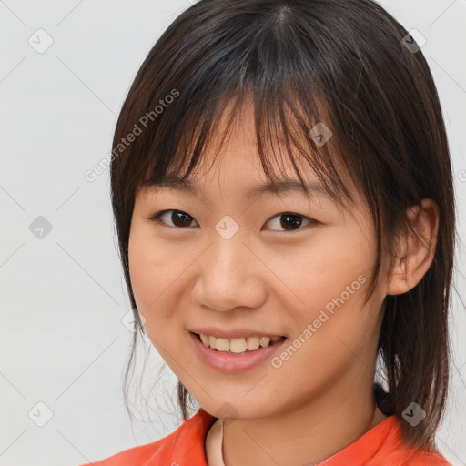 Joyful white young-adult female with medium  brown hair and brown eyes